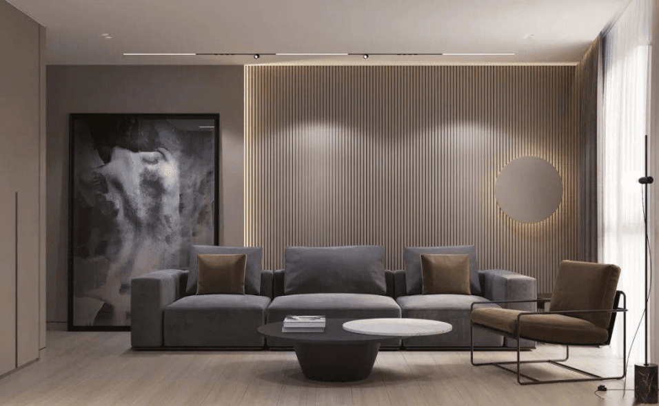 Supplier catalogue illustration of wood slat panels in a living space