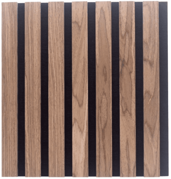 Front view of wood finish slats on dark polyester felt backing
